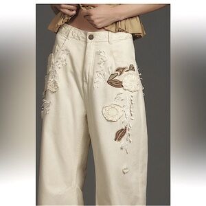 Anthropologie Pilcro High Rise Wide Leg Jeans floral embroidered BoHo cream pant
